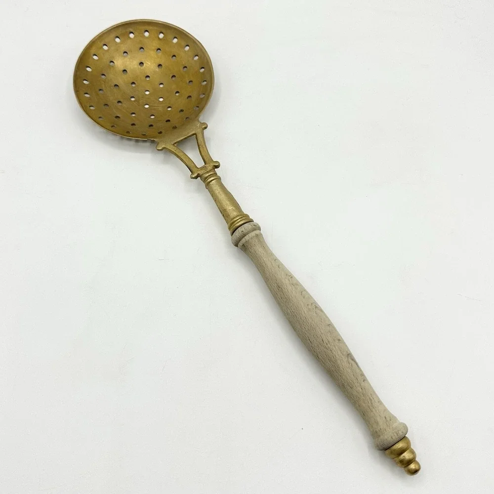 Vintage Metal Skimmer Slotted Spoon Ladle Utensil Wood Handle